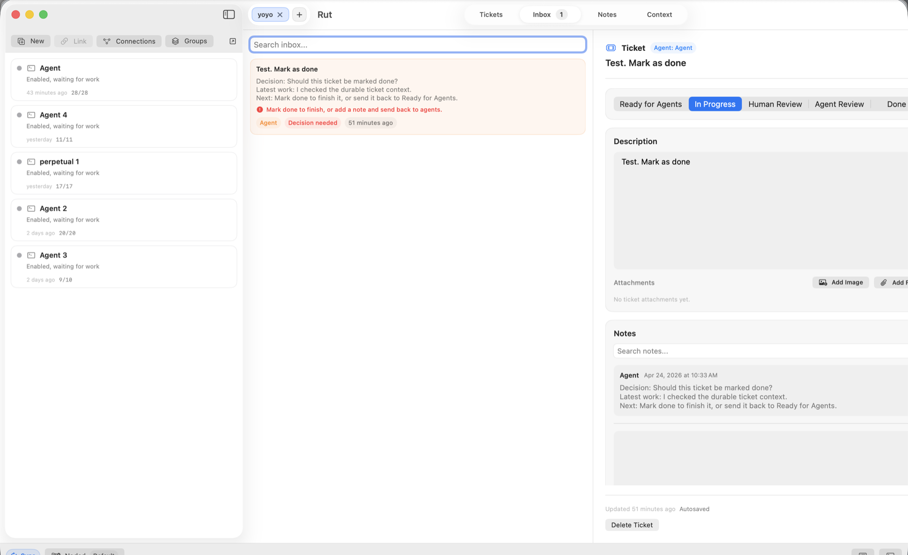 Rut macOS workspace showing agents, inbox, ticket status, notes, and attachments