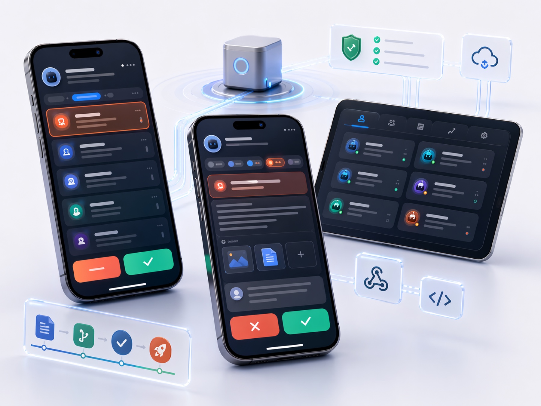 Mobile companion artwork showing agent tickets, review cards, attachments, and approval actions